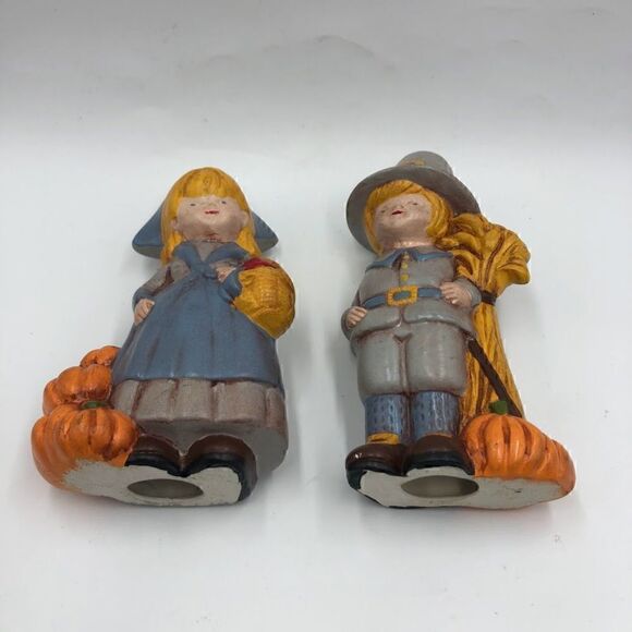 Vintage MCM Set of 2 Ceramic Thanksgiving Pumpkin Harvest Figurines Male Female - Picture 8 of 13